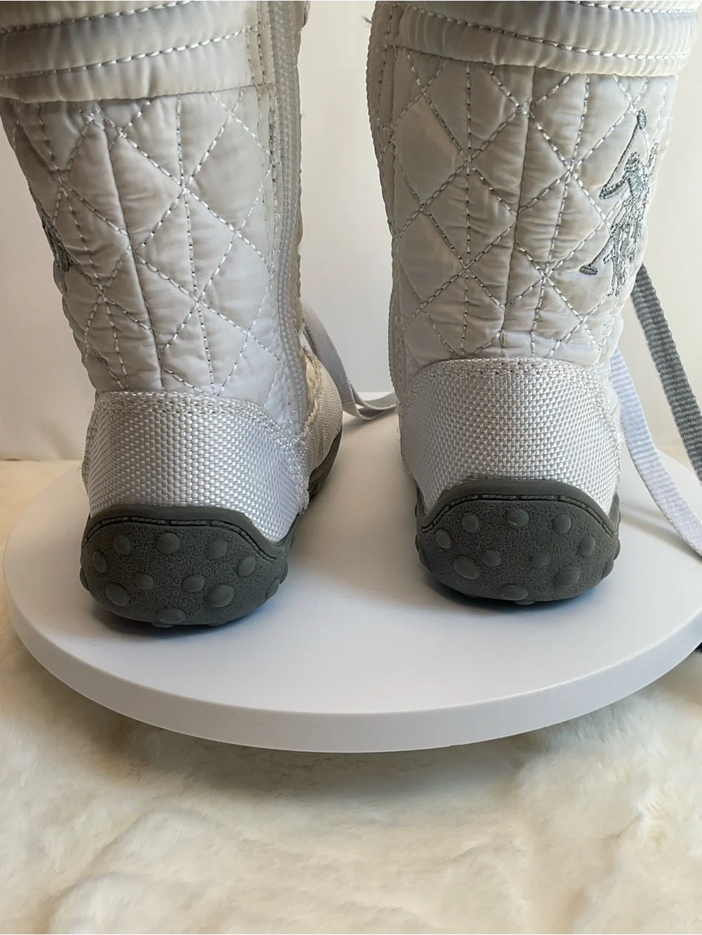 Polo Ralph Lauren Girls White Quilted Snow Boots Faux Fur Trim Lace-Up Side Zipp